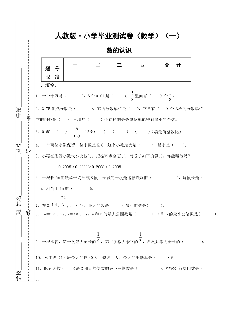 人教版六下小學畢業(yè)測試卷數(shù)學_第1頁