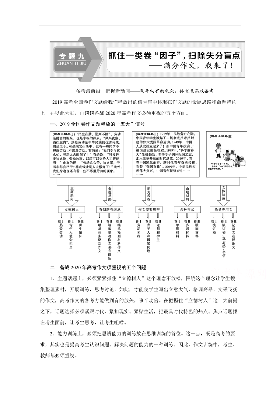 2020新課標(biāo)高考語(yǔ)文二輪講義：專題九寫作 備考最前沿　把握新動(dòng)向——明導(dǎo)向有的放矢抓重點(diǎn)高效備考 Word版含解析_第1頁(yè)