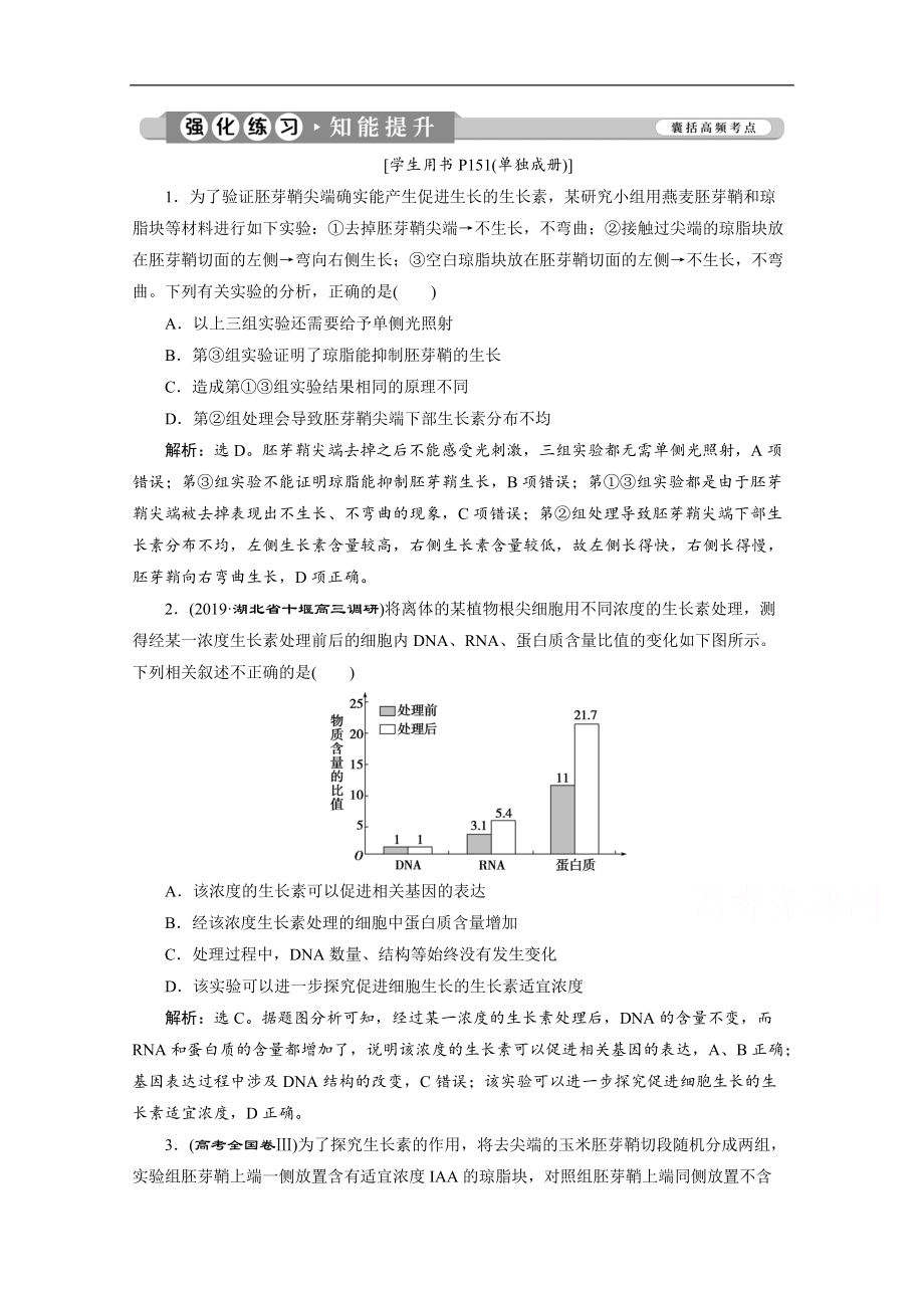 2020江蘇高考生物二輪強(qiáng)化練習(xí)：3 專題十一　植物的激素調(diào)節(jié) Word版含解析_第1頁