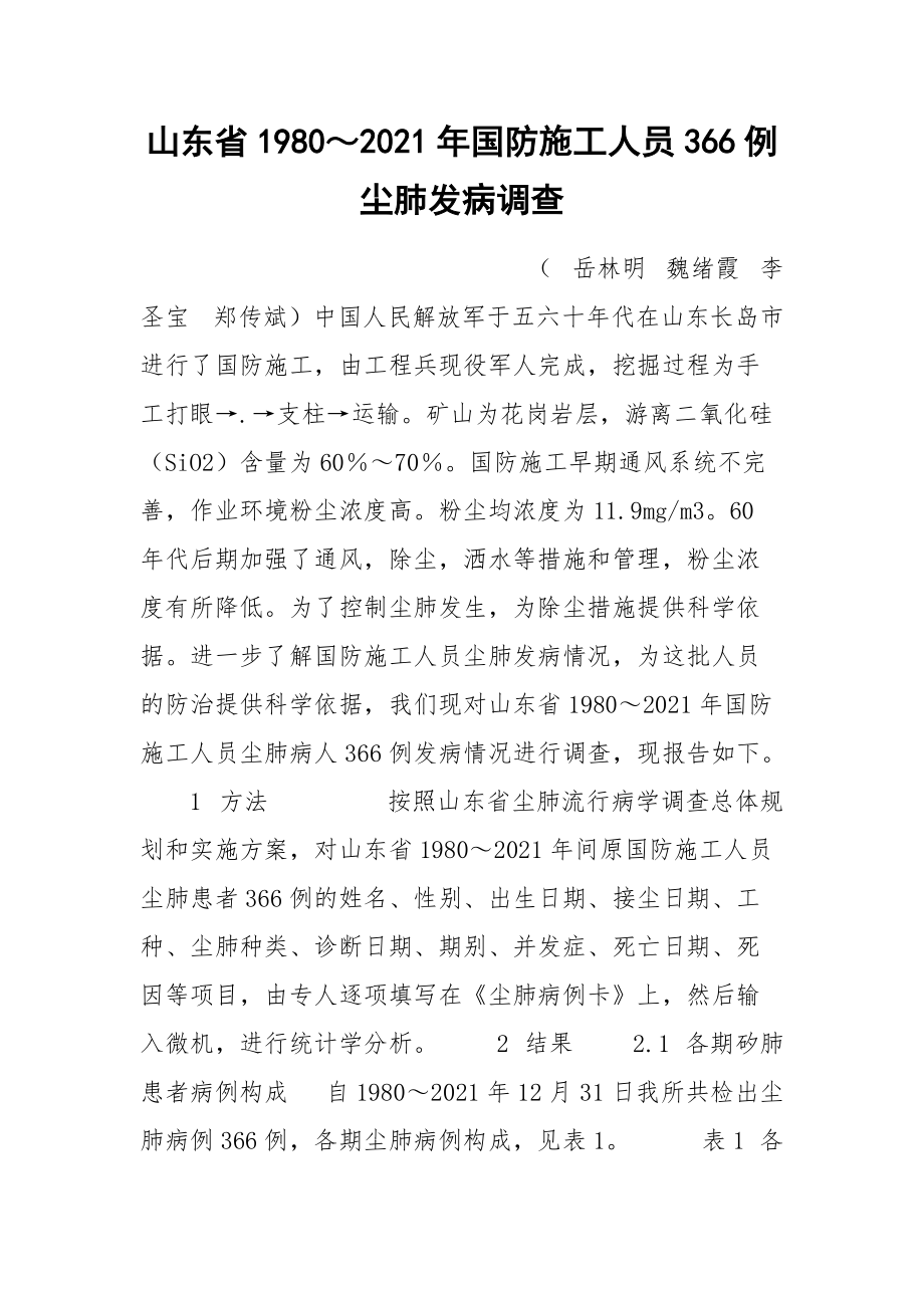 山东省1980～2021年国防施工人员366例尘肺发病调查_第1页