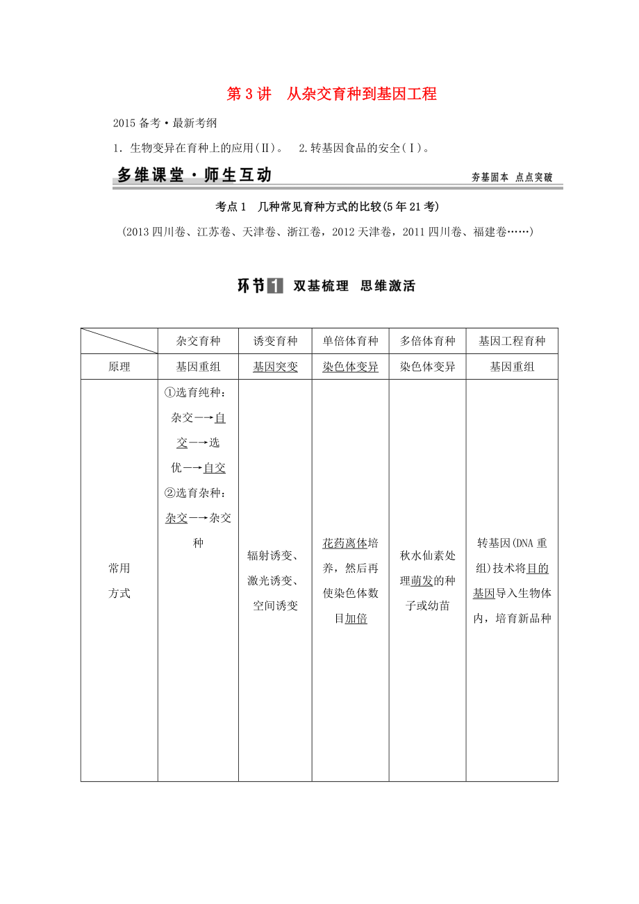 （山東專用）2015年高考生物 第三單元 第3講 從雜交育種到基因工程 新人教版必修_第1頁