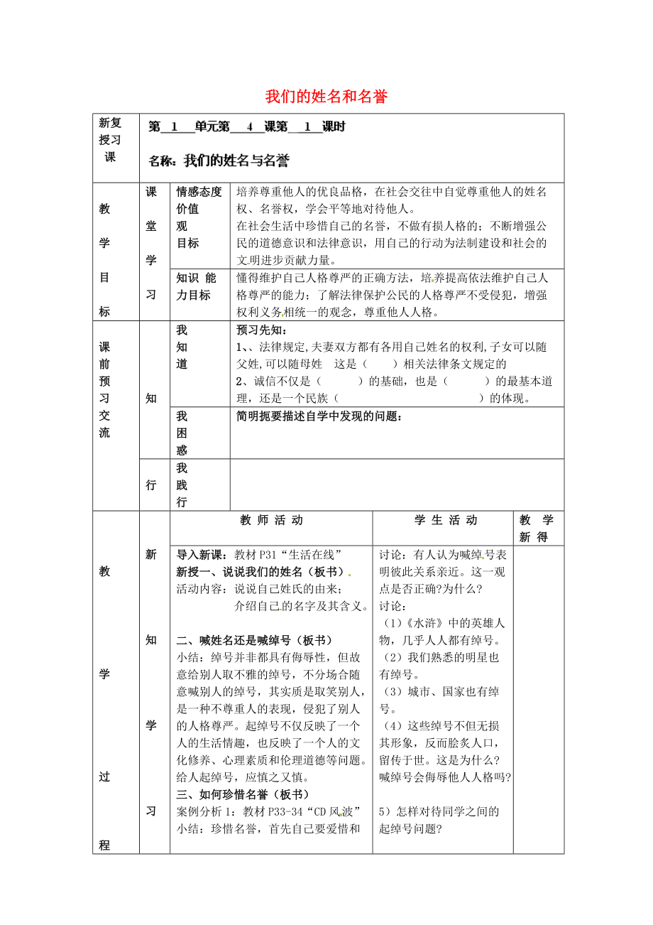 江蘇省大豐市劉莊鎮(zhèn)三圩初級中學七年級政治上冊第4課第1框我們的姓名和名譽教案蘇教版_第1頁