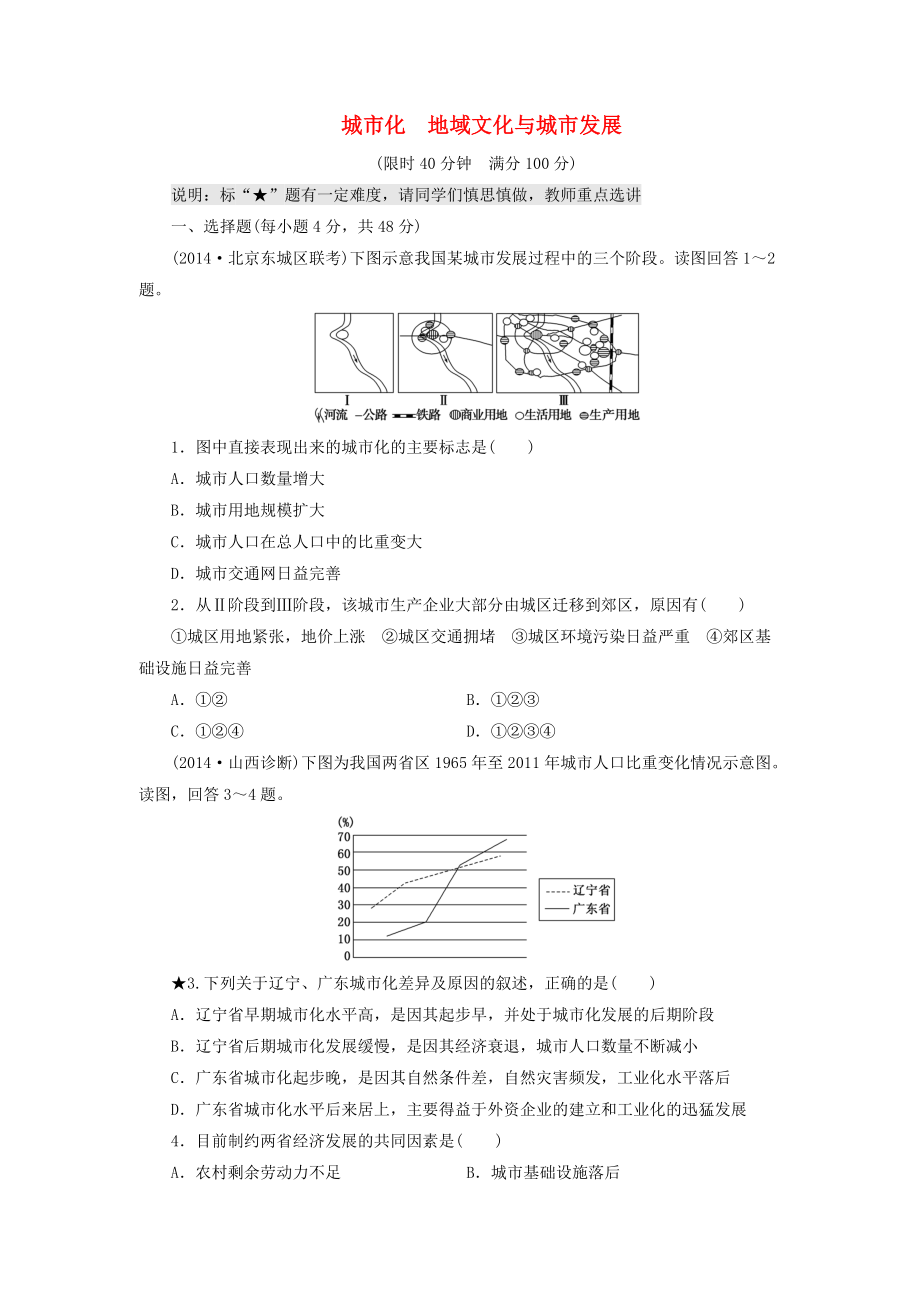 （山東專用）2015高考地理 第六章 城市化　地域文化與城市發(fā)展課時跟蹤檢測_第1頁