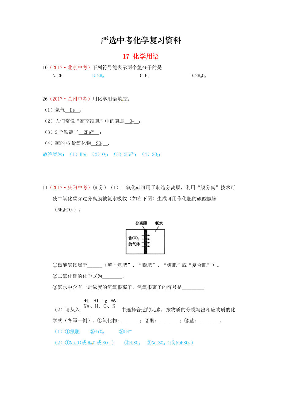 【嚴(yán)選】河北省保定市中考化學(xué)復(fù)習(xí)匯編 17 化學(xué)用語(yǔ)_第1頁(yè)