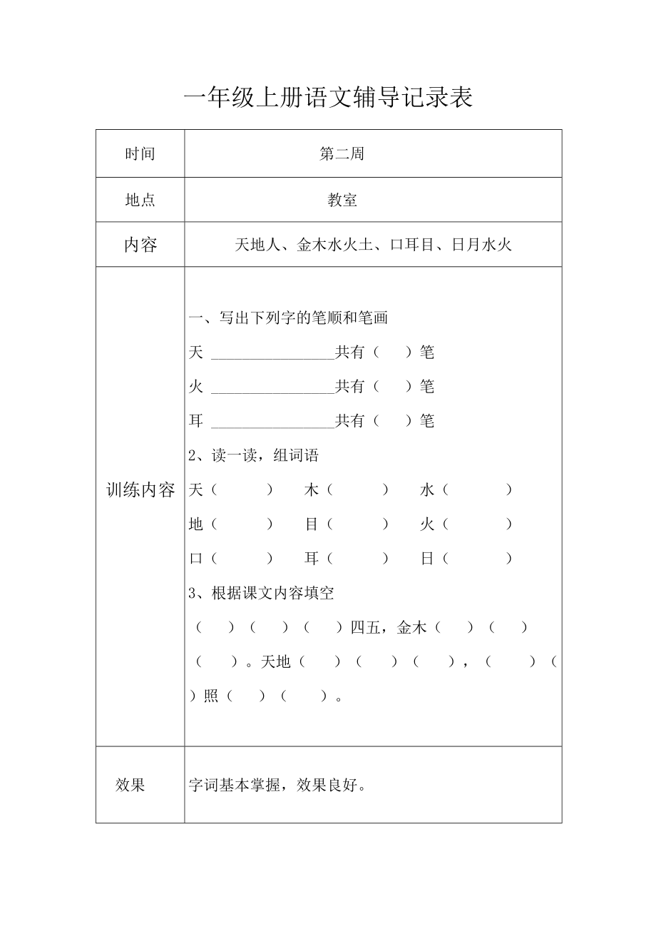 一年级上册语文辅导记录表_第1页