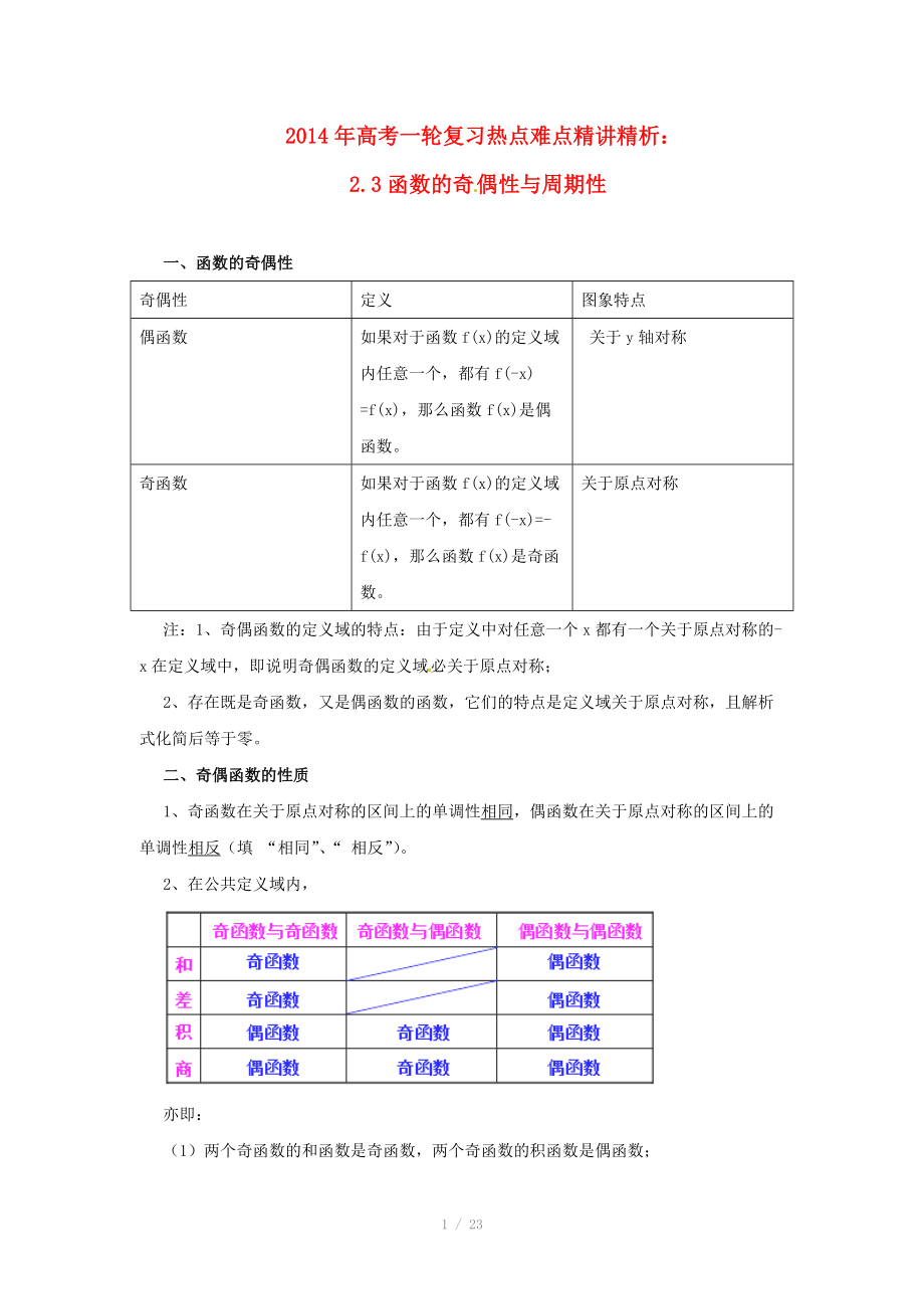 2014年高考數(shù)學(xué)一輪復(fù)習(xí) 熱點(diǎn)難點(diǎn)精講精析 2.3函數(shù)的奇偶性與周期性_第1頁