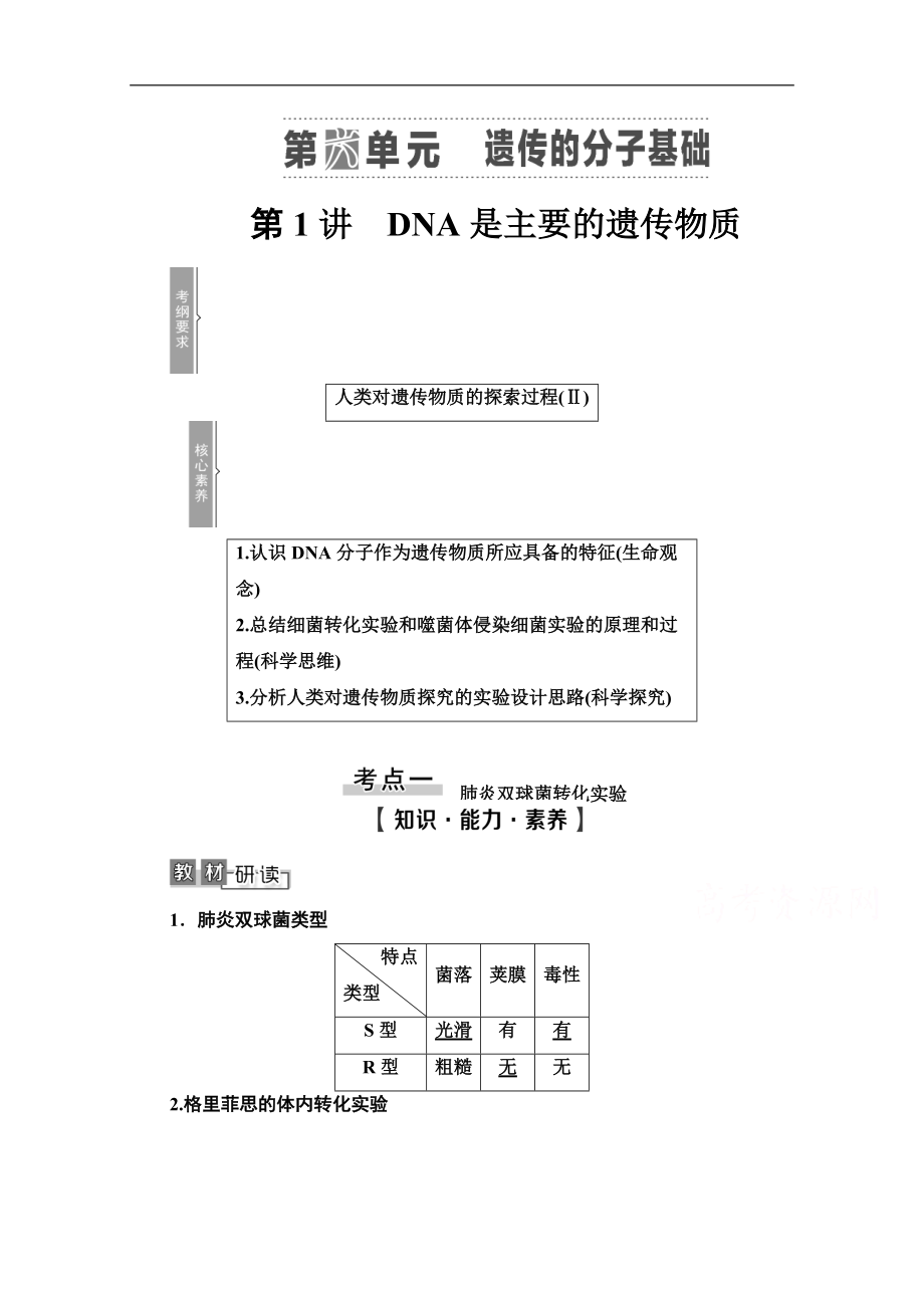 2021高三生物人教版一輪教師用書：必修2 第6單元 第1講　DNA是主要的遺傳物質(zhì) Word版含解析_第1頁