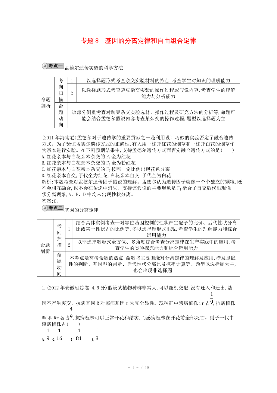 2014屆高三生物一輪復(fù)習(xí) 配套試題匯編 專題8 基因的分離定律和自由組合定律_第1頁