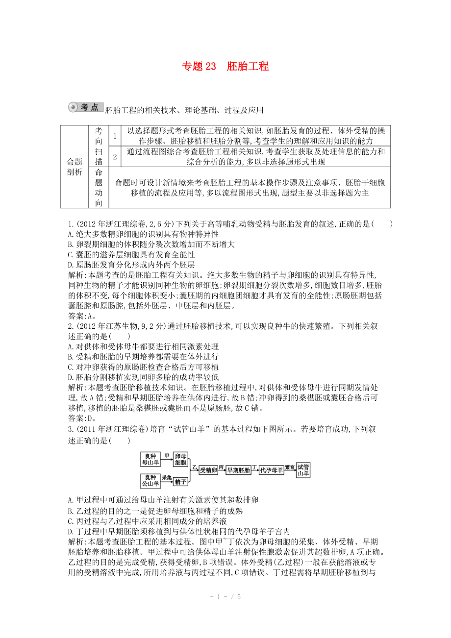 2014屆高三生物一輪復(fù)習(xí) 配套試題匯編 專題23 胚胎工程_第1頁