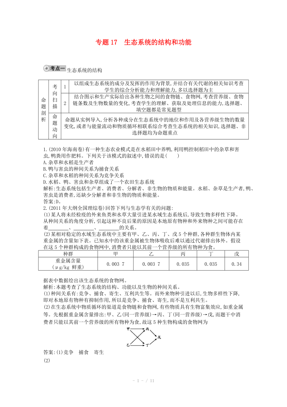 2014届高三生物一轮复习 配套试题汇编 专题17 生态系统的结构和功能_第1页