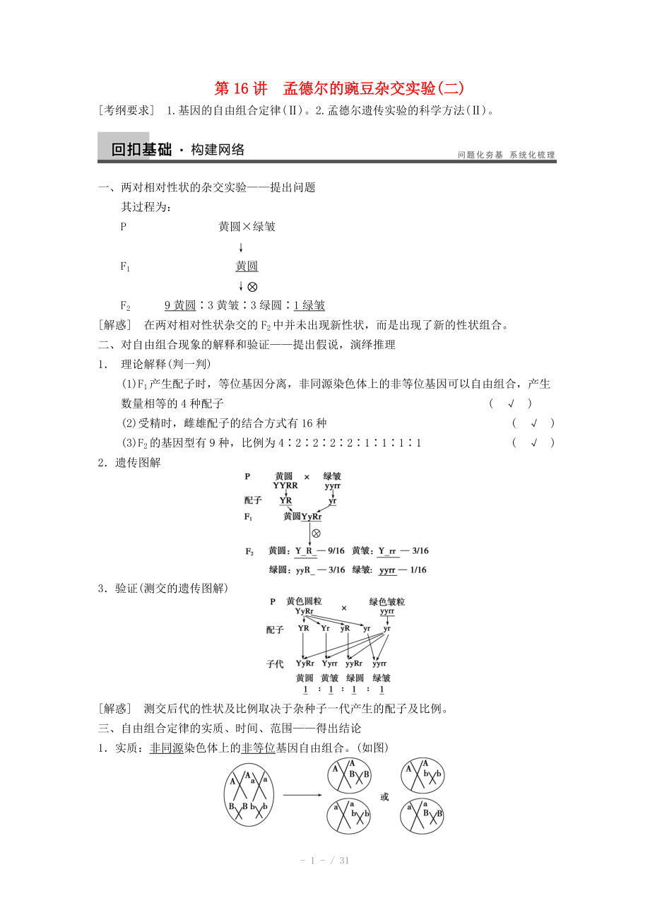 2014屆高三生物（人教版通用）一輪復習教案- 第16講 孟德爾的豌豆雜交實驗(二)_第1頁