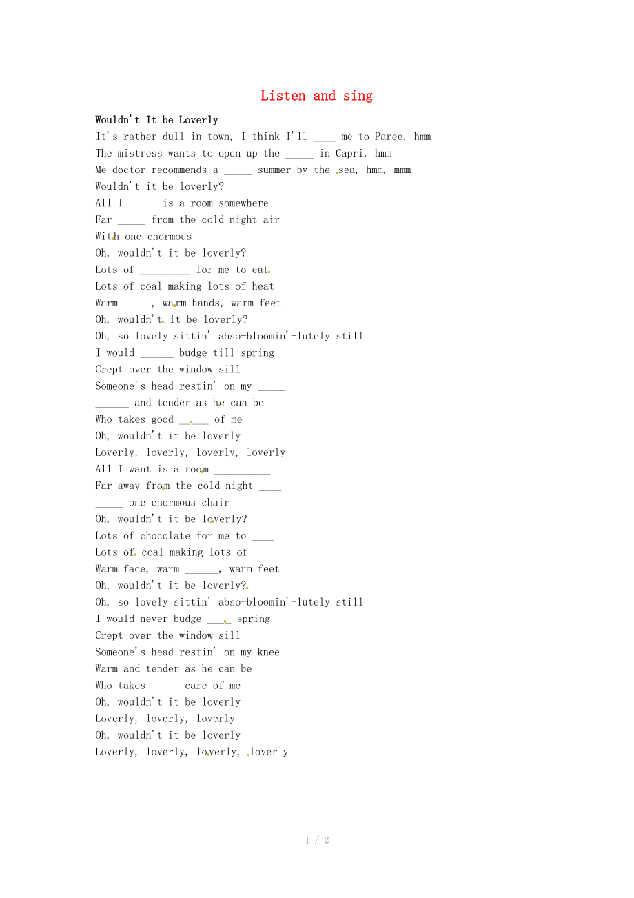 2014-2015學(xué)年高中英語(yǔ) Unit 4 Pygmalion 視聽(tīng)說(shuō)選修課 Listen and sing練習(xí) 新人教版選修_第1頁(yè)