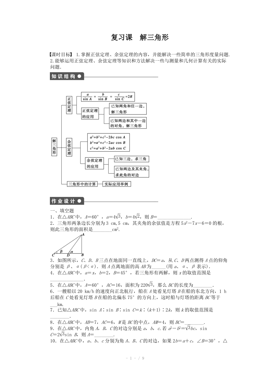 2014-2015學年高中數(shù)學（蘇教版必修五） 第1章　解三角形 第1章 復習課 課時作業(yè)（含答案）_第1頁