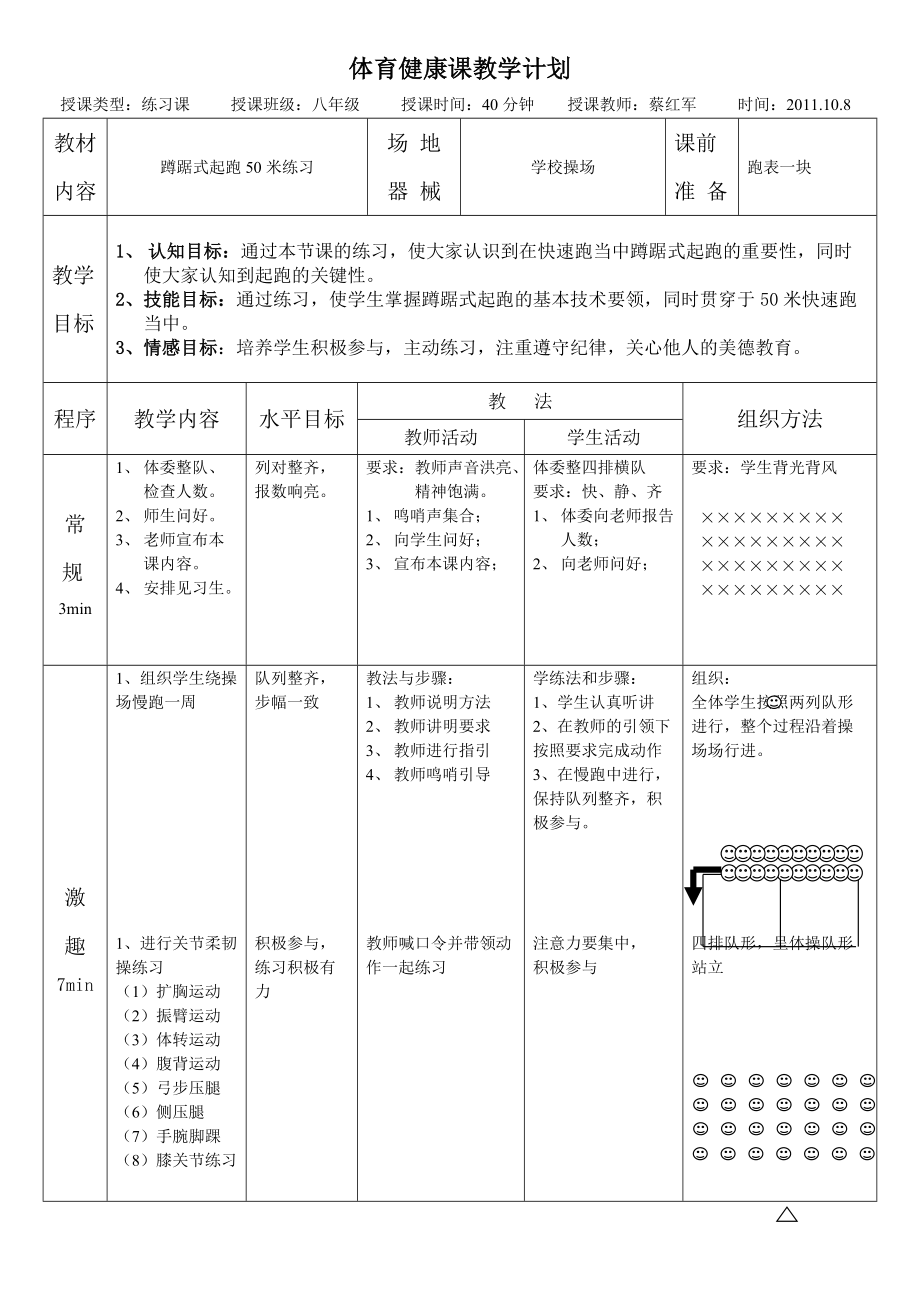 体育健康课教学计划蹲踞式起跑50m练习_第1页