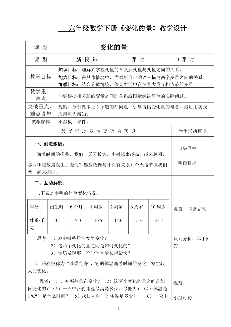 六年級數學下冊《變化的量》教學設計(1)_第1頁