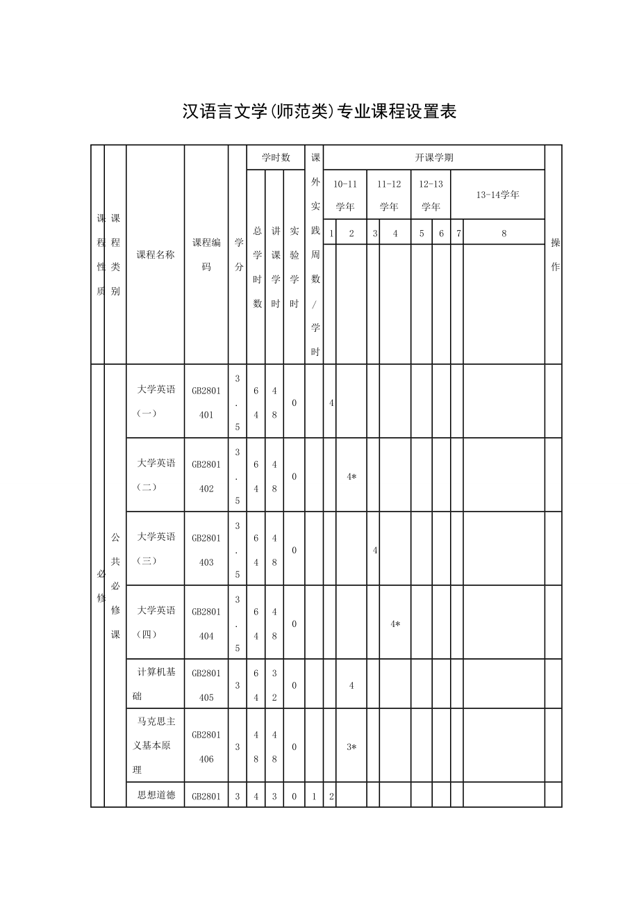 汉语言文学专业课表图片