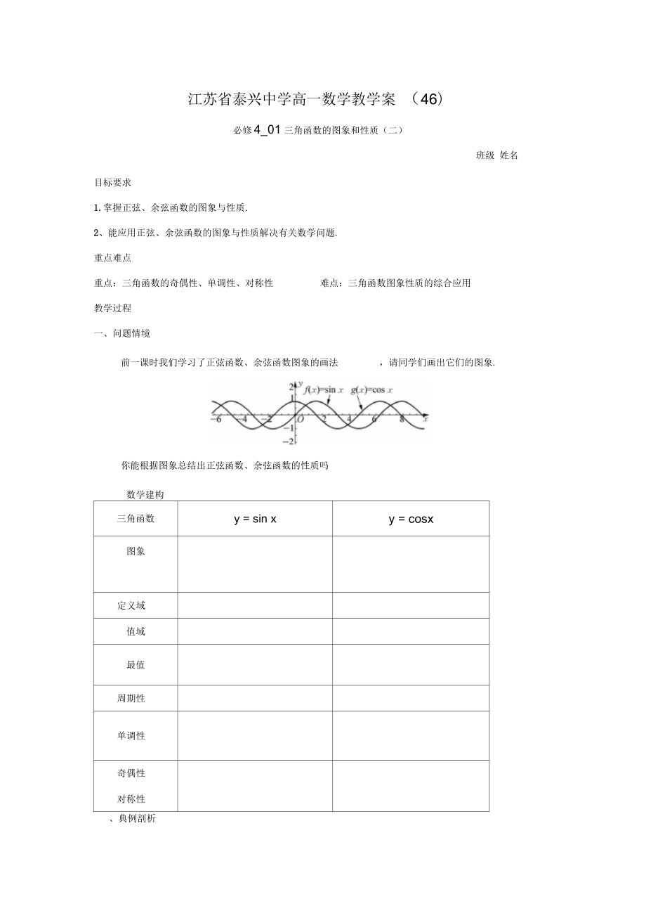 高一数学苏教版必修4教学案：第1章10三角函数的图象和性质(二)正式版_第1页