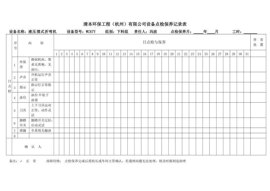 液压折弯机设备点检保养表Word_第1页