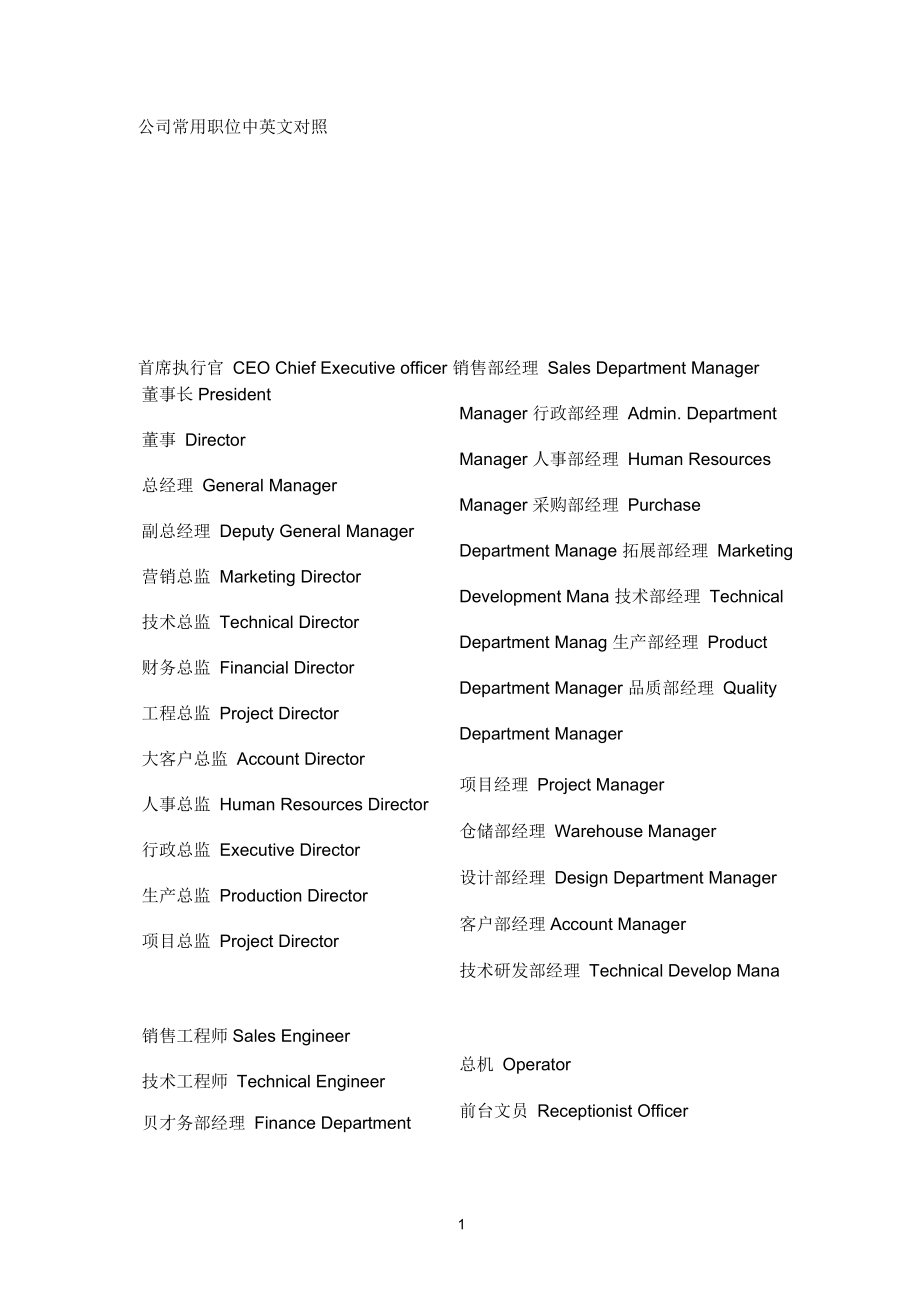 公司常用职位中英文对照_第1页