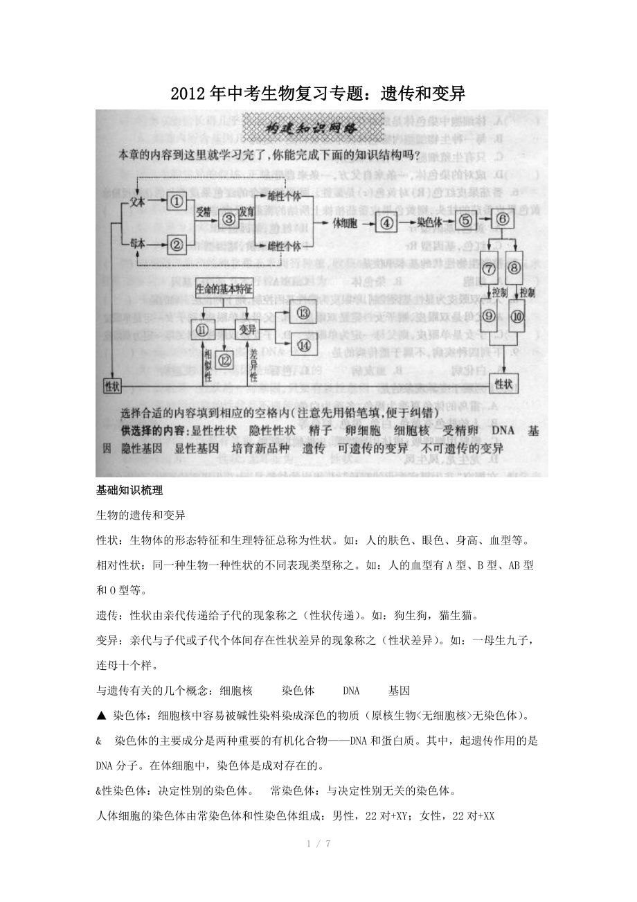 2012年中考生物复习专题：遗传和变异_第1页