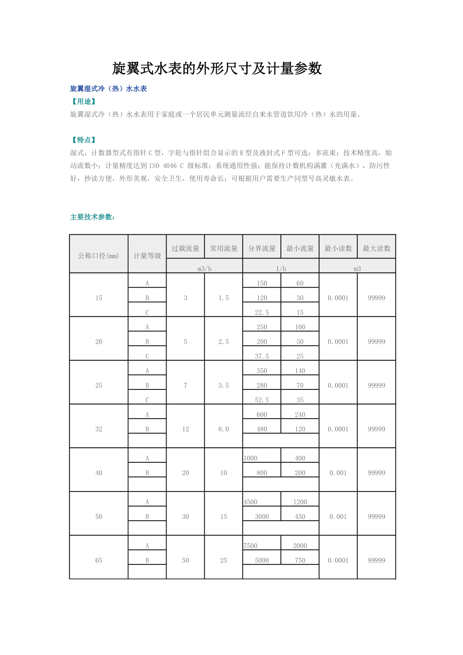 旋翼式水表的外形尺寸及計(jì)量參數(shù).doc_第1頁(yè)