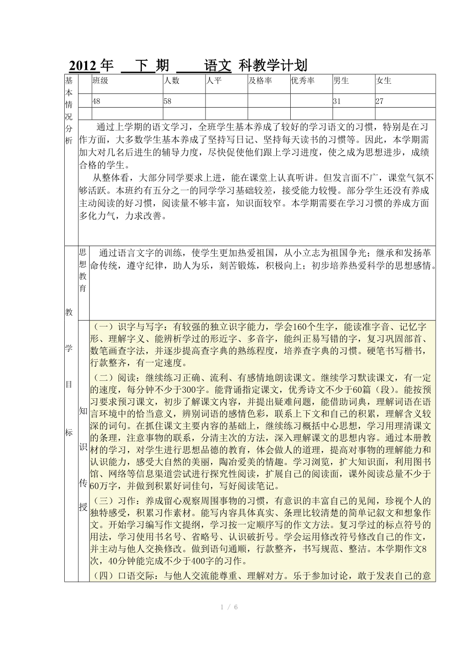 2012年 下 期 语文 科教学计划_第1页