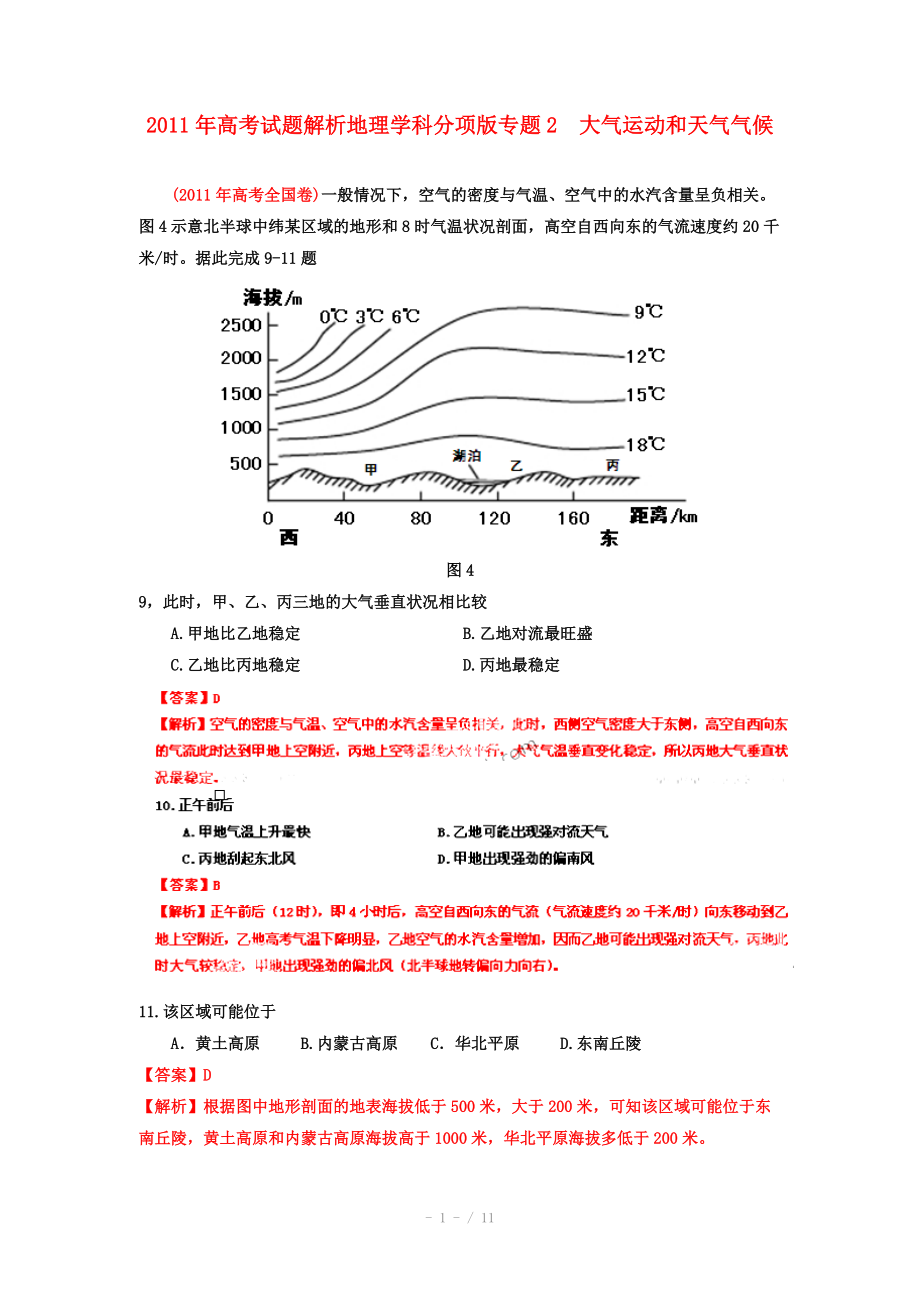 2011年高考地理试题解析分项版之 专题2 大气运动和天气气候_第1页