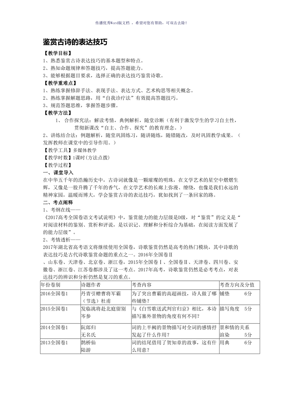 诗歌鉴赏表达技巧教案Word版_第1页