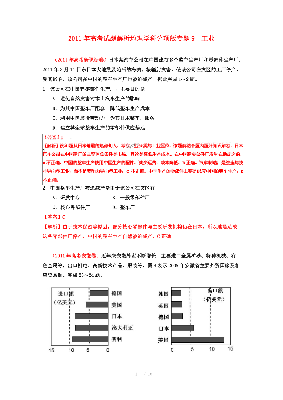 2011年高考地理试题解析分项版之 专题9 工业_第1页