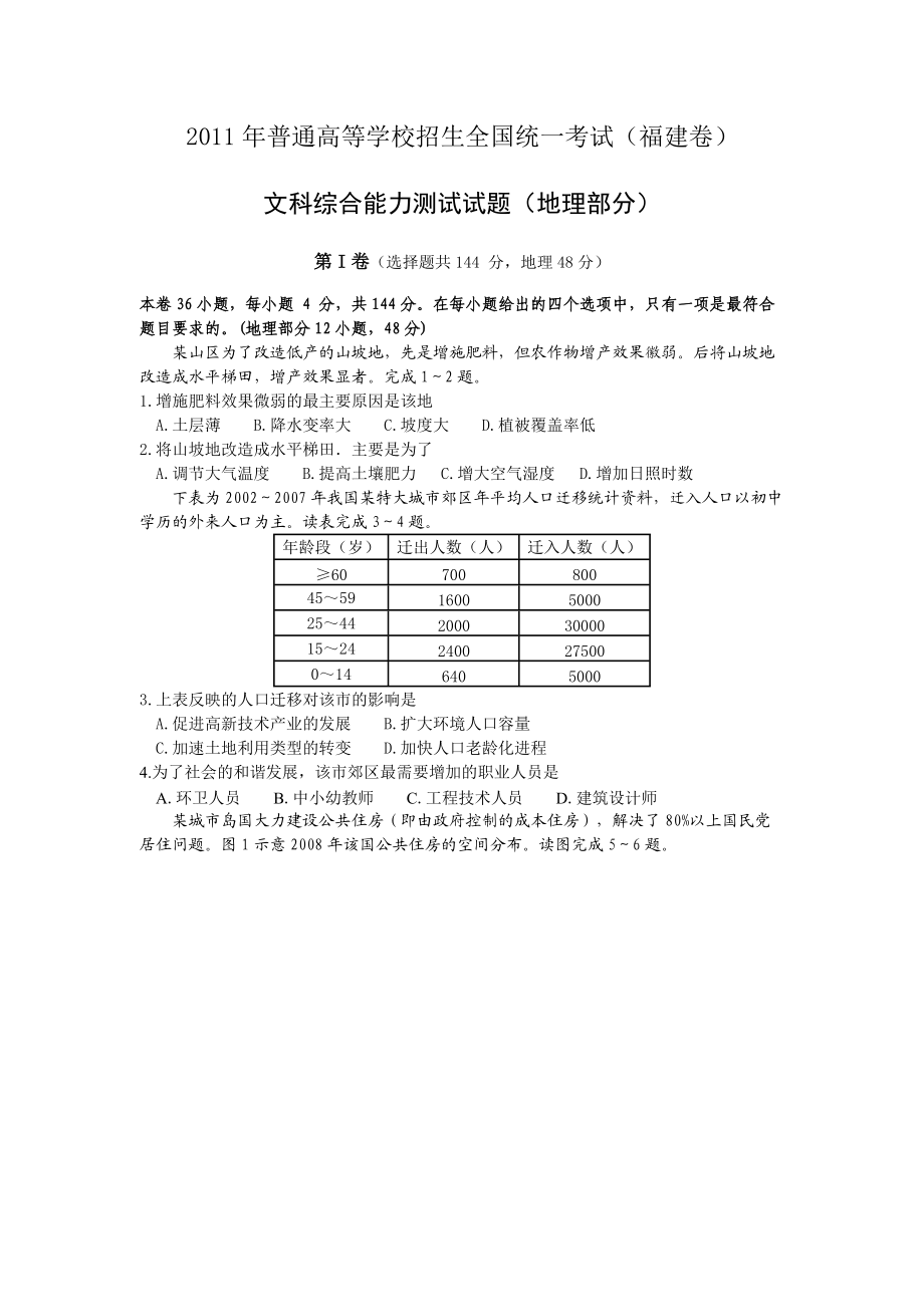 福建高考文综地理卷_第1页