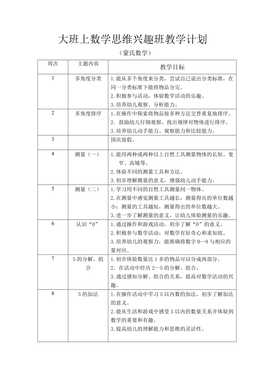 蒙氏数学大班上学期数学思维兴趣班教学计划_第1页