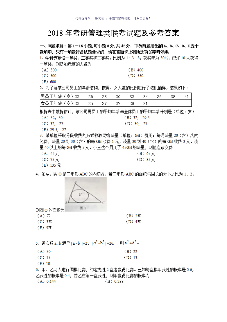 考研管理类联考试题及参考答案Word版_第1页