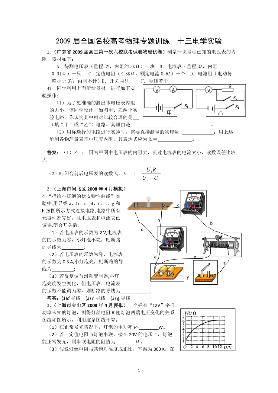 全国名校高考物理专题训练十三电学实验_第1页