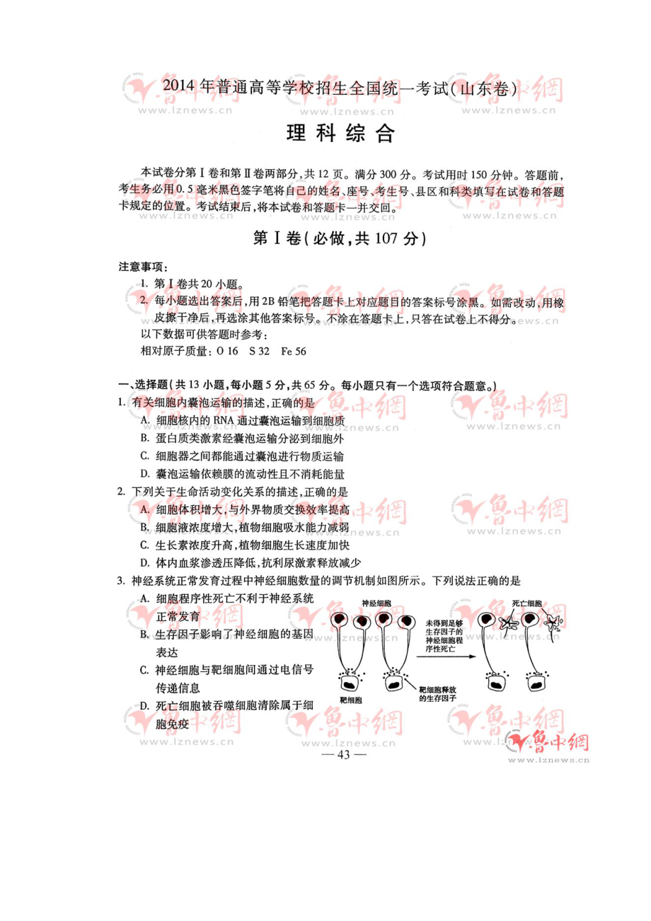 高考山东理综试题及答案_第1页