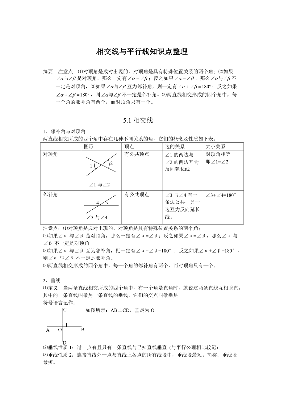 人教版初一數(shù)學(xué)下冊(cè)第五章相交線與平行線知識(shí)點(diǎn)整理及思想方法歸納_第1頁