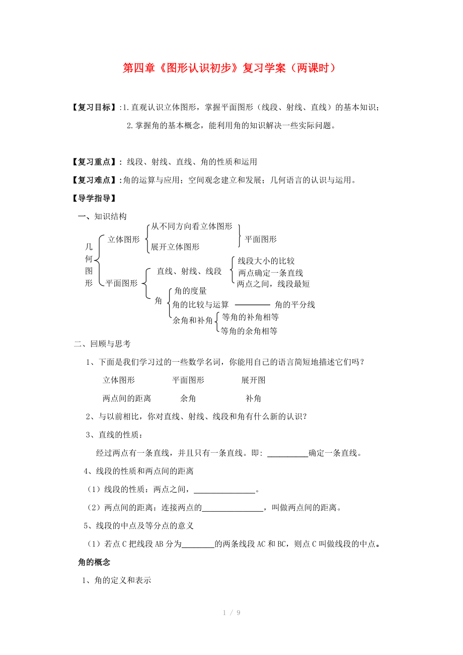 2011年七年級(jí)數(shù)學(xué)上學(xué)期期末復(fù)習(xí) 第四章《圖形認(rèn)識(shí)初步》學(xué)案(無(wú)答案) 人教新課標(biāo)版_第1頁(yè)