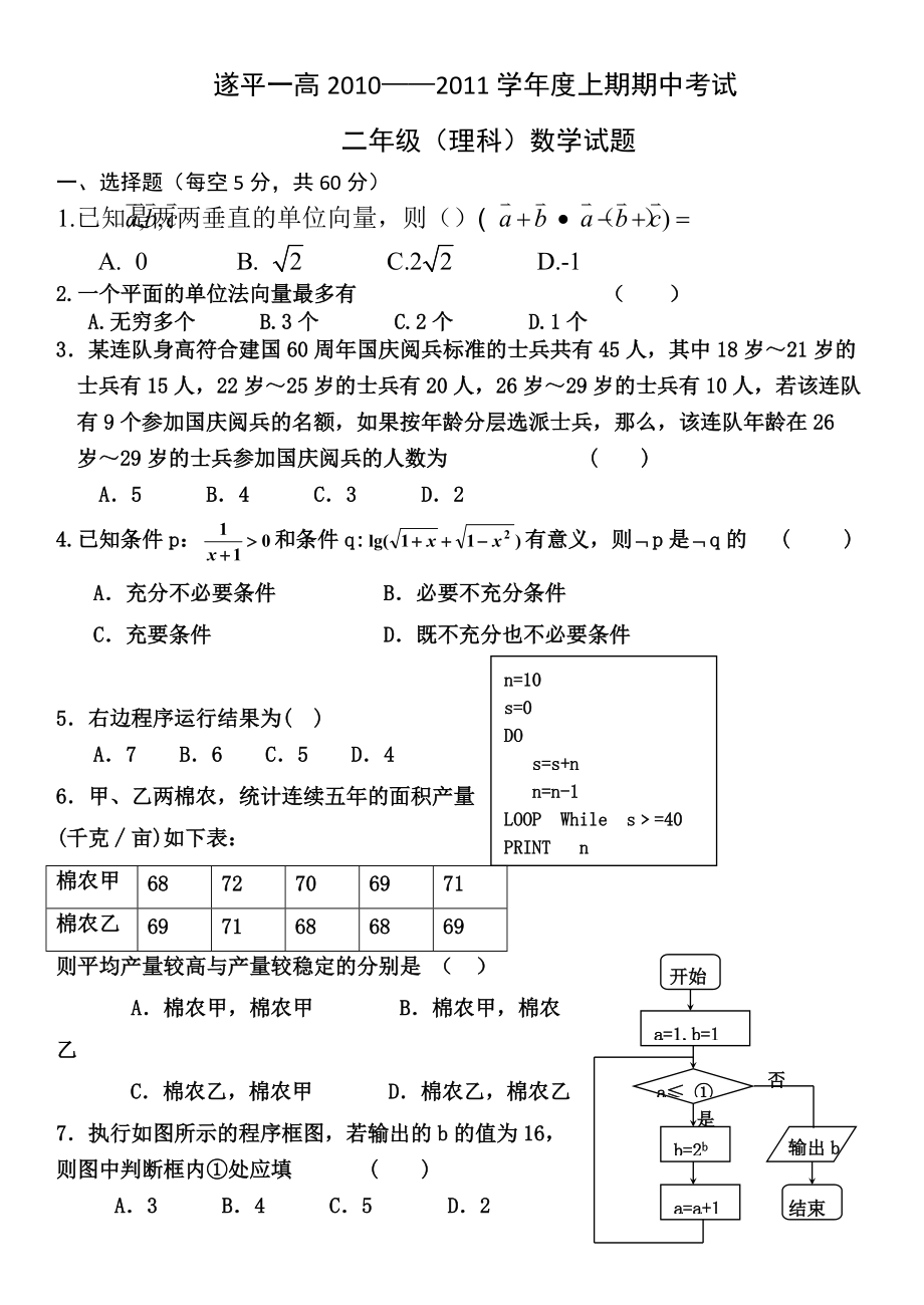 遂平一高高二期中考试理科数学试题附答案_第1页