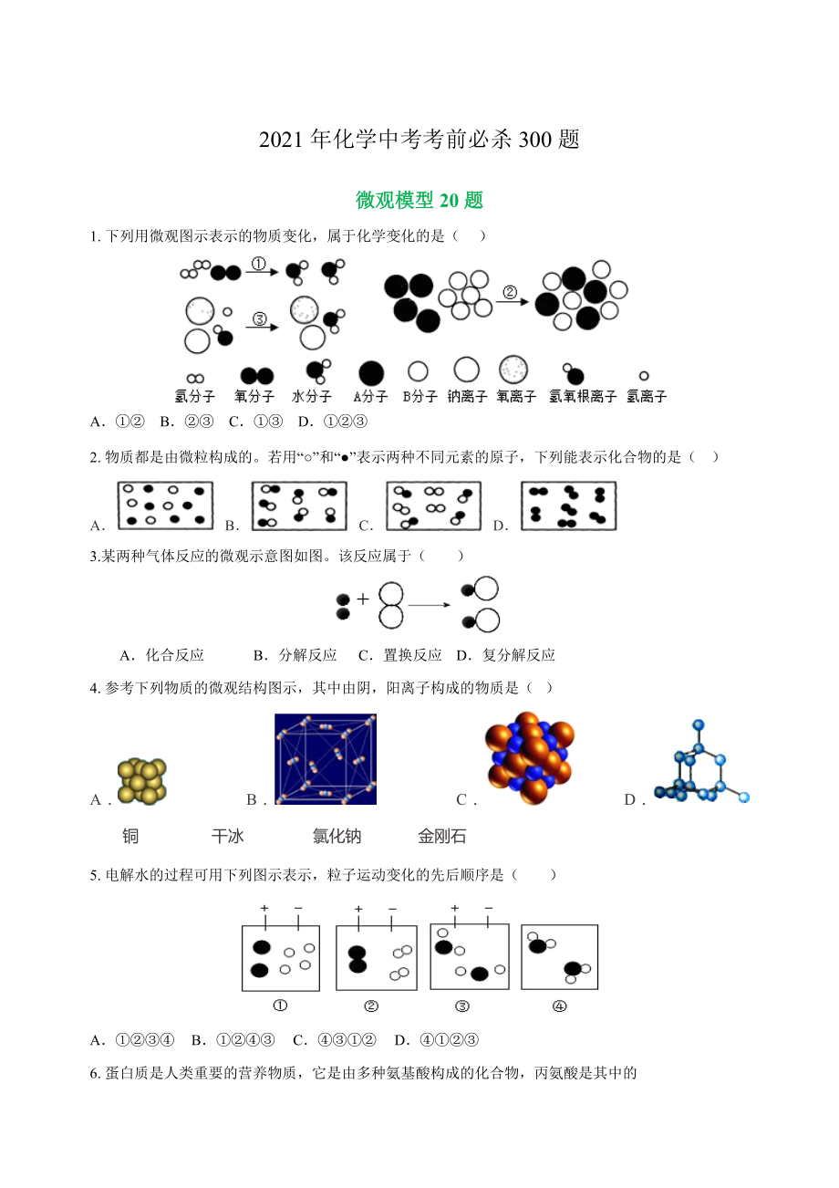 專練04 微觀模型20題-2021年中考化學(xué)考前必殺300題(南京專用)（原卷版）_第1頁