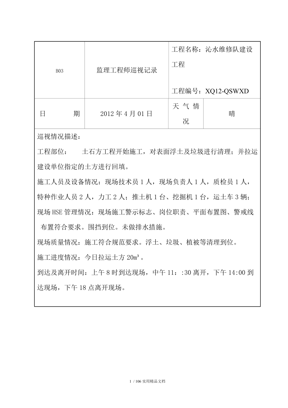 监理工程师巡视记录经典实用_第1页