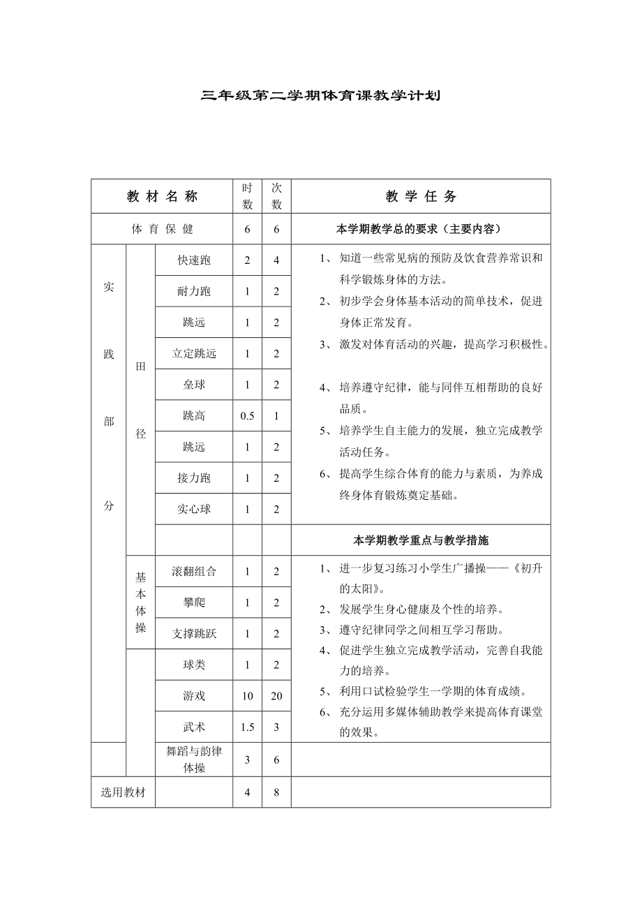 三年级第二学期体育课教学计划_第1页