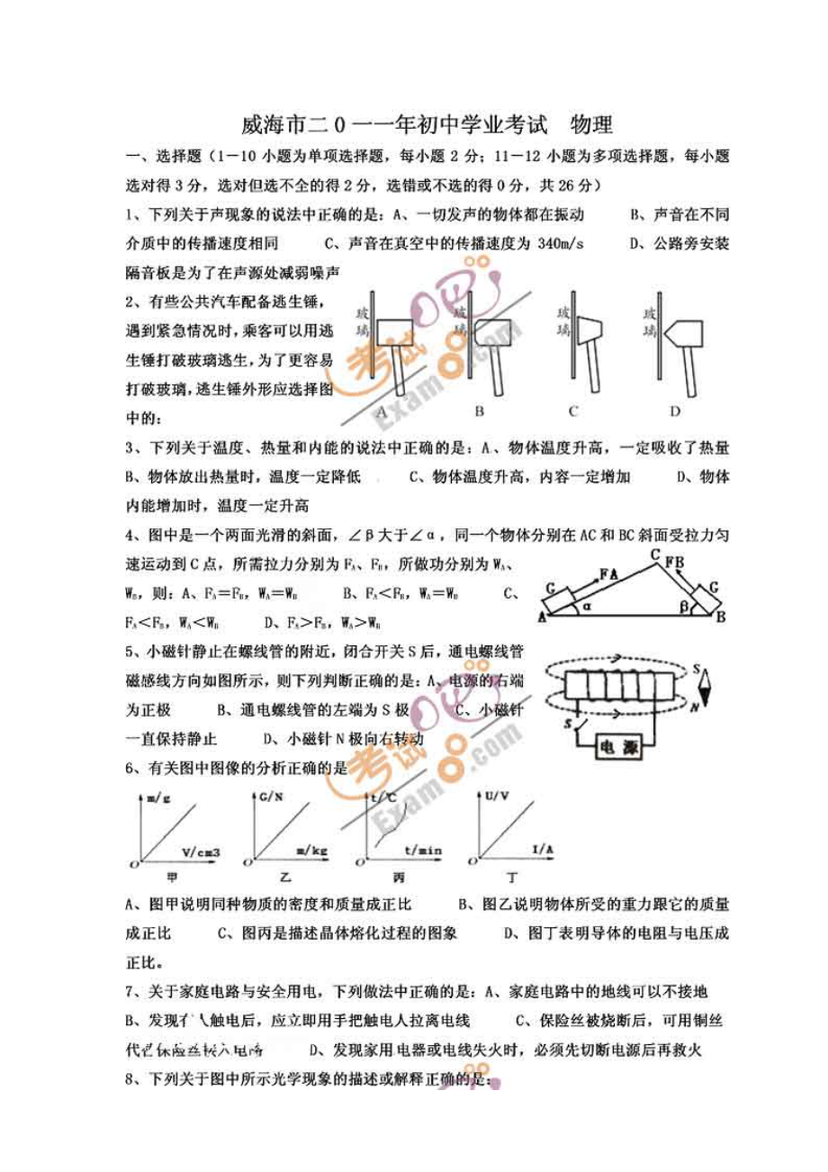 山東威海中考物理試題及答案_第1頁