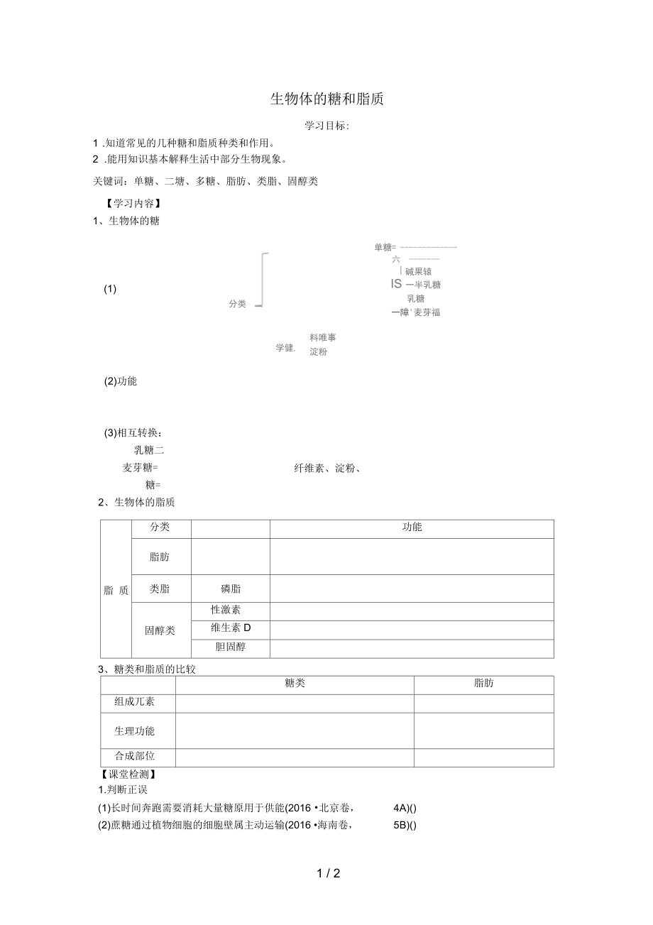 江蘇省徐州市高中生物人體內(nèi)糖和脂質(zhì)學(xué)案(無答案)蘇教版必修1_第1頁