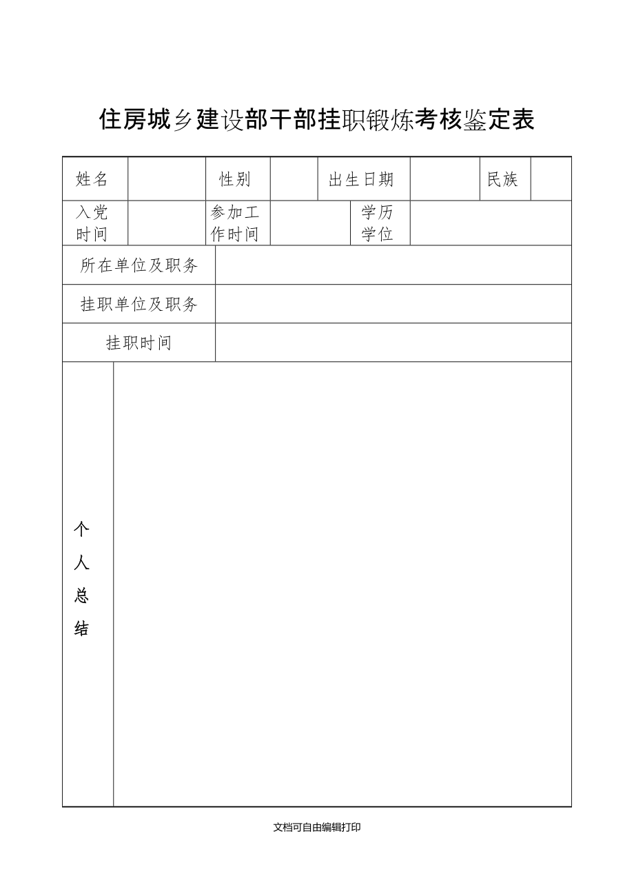 住房城乡建设部干部挂职锻炼考核鉴定表