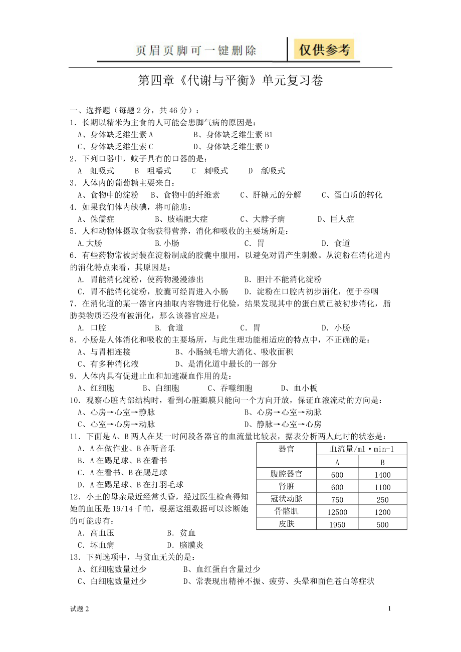 浙教版九上第四章代謝與平衡單元復(fù)習(xí)卷有答教學(xué)借鑒_第1頁