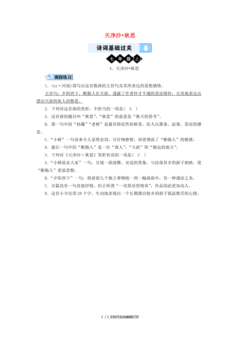 廣西專用中考語文詩詞基礎過關4天凈沙思_第1頁