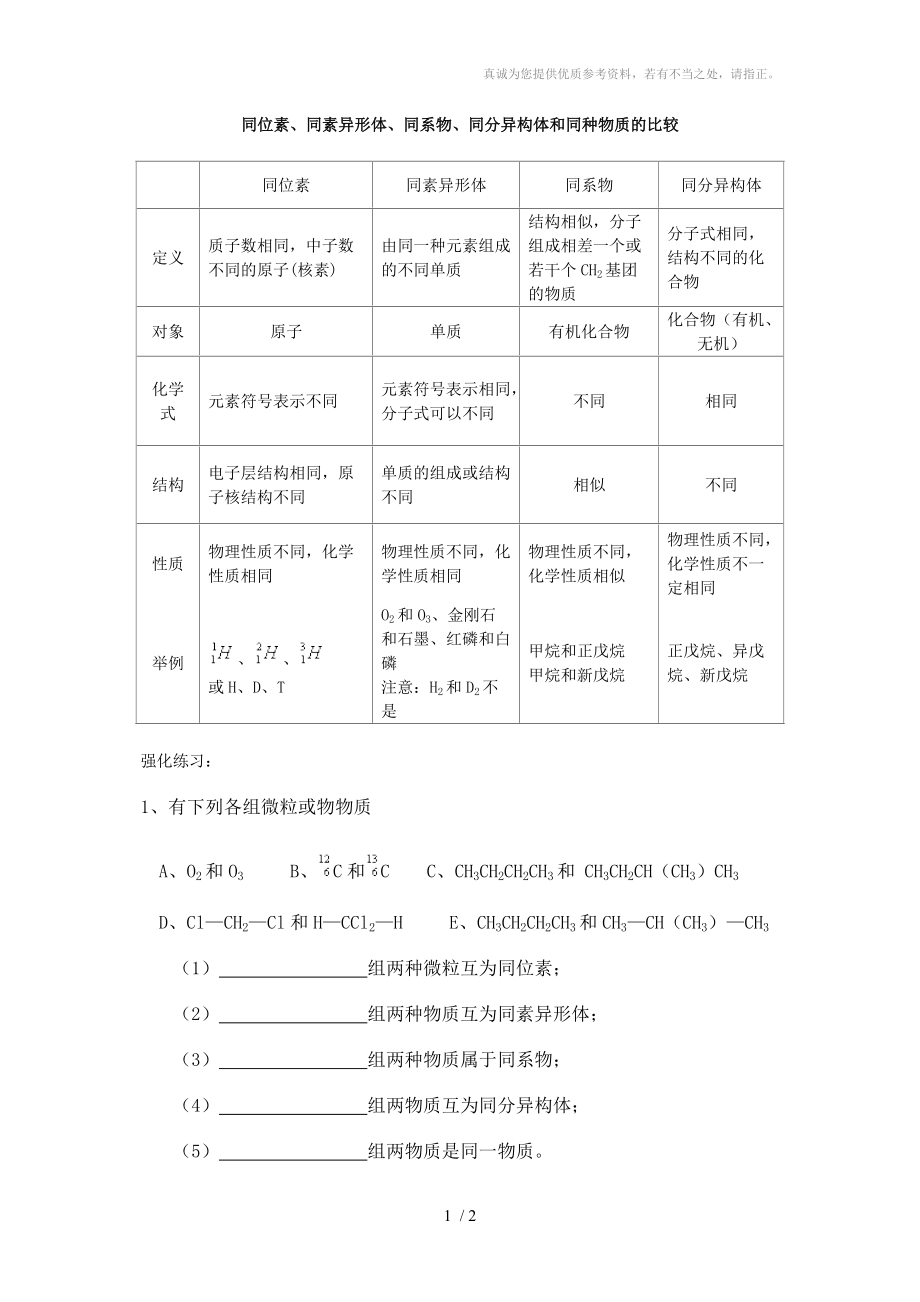 同位素、同素異形體、同系物、同分異構(gòu)體和同種物質(zhì)的比較練習題_第1頁