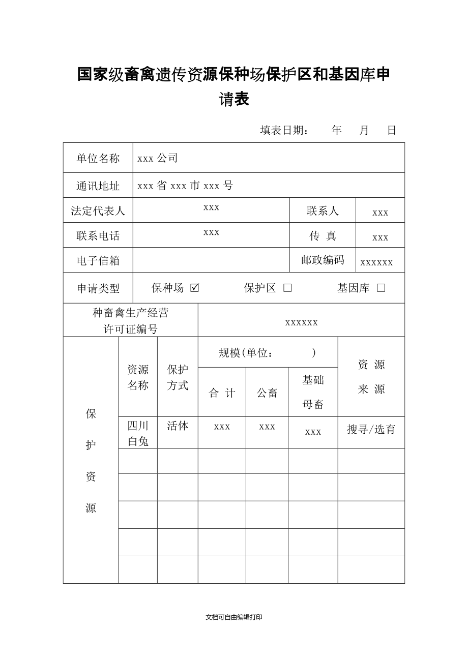 国家级畜禽遗传资源保种场保护区和基因库申请表_第1页