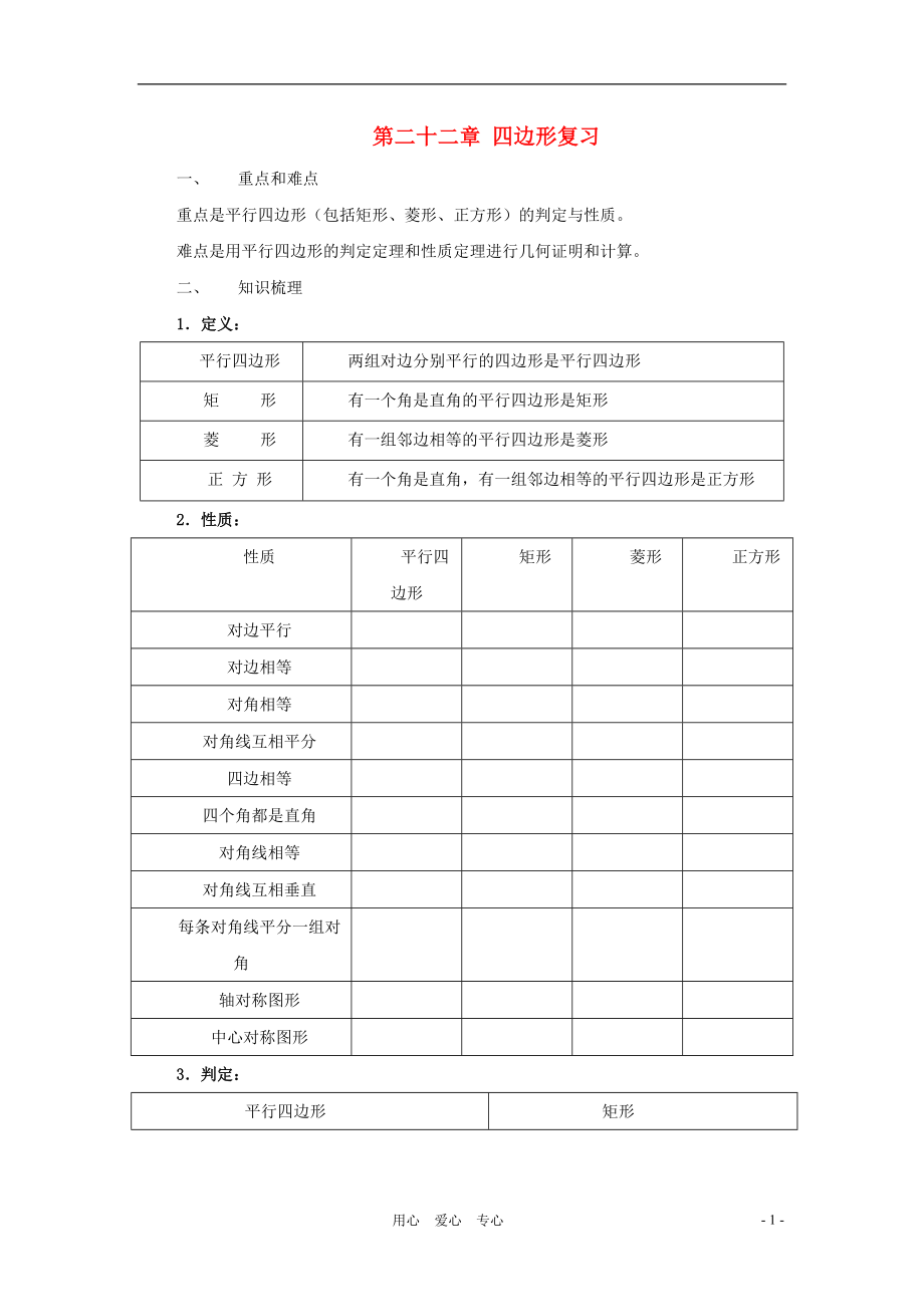 八年級數學下冊第二十二章四邊形復習教案冀教版_第1頁