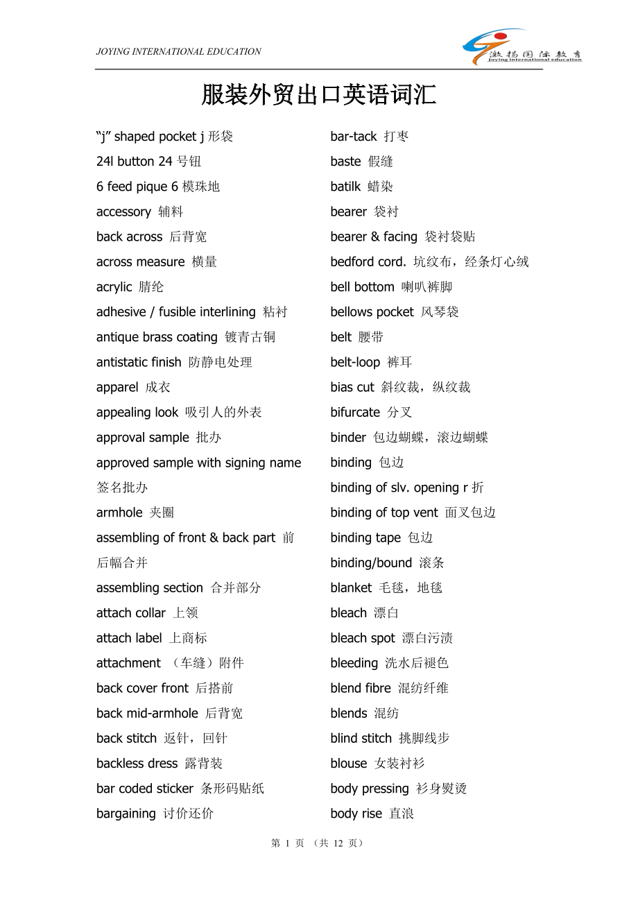 服裝外貿(mào)出專業(yè)英語詞匯_第1頁