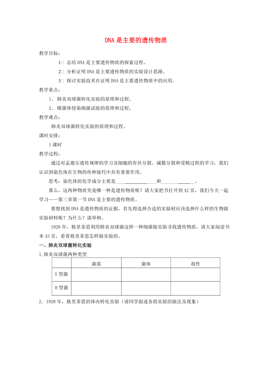 高中生物3.1DNA是主要的遺傳物質教案人教版必修2_第1頁